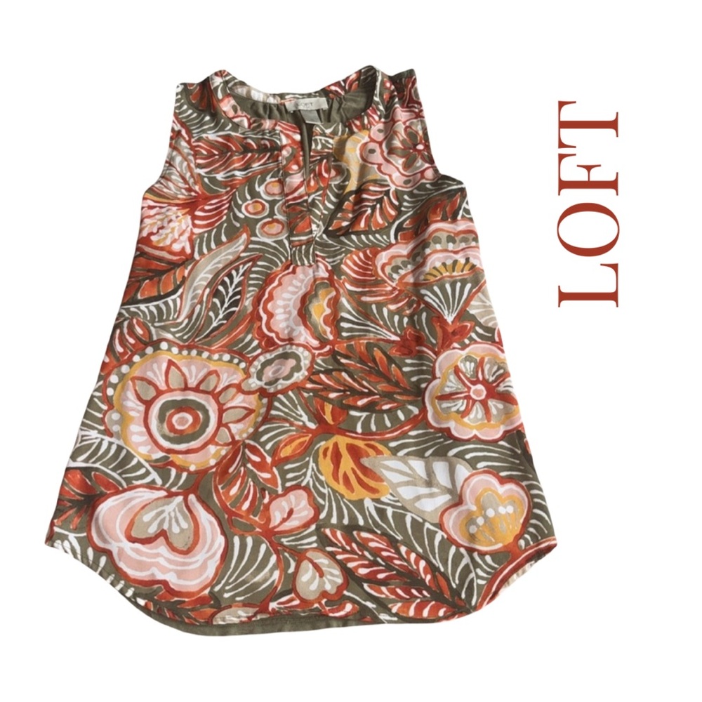 LOFT Orange/olive green Floral Boho Blouse Sz XS EUC